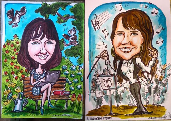 Karikatura ženy s notebookem a dirigentky