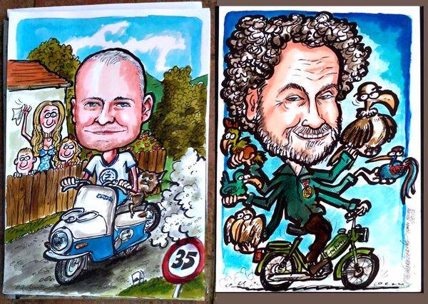 Karikatura muže na babetě a s prasetem – vtipný dárek