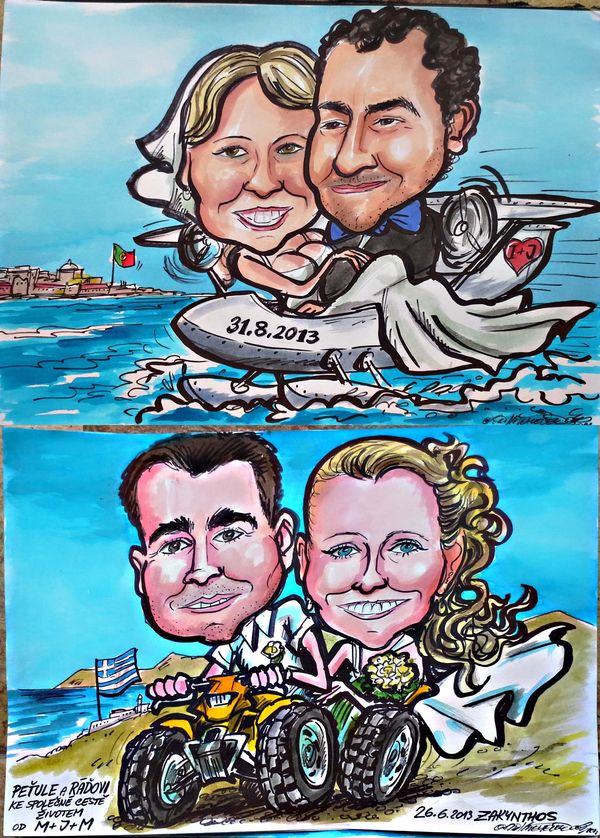 Svatební karikatura – pár v letadle a na čtyřkolce v Řecku