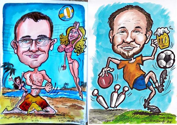 Karikatura plážového volejbalisty a pivaře s kuželkami