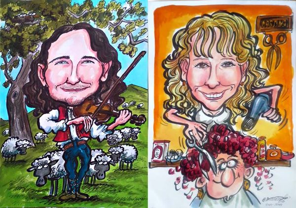 Karikatura houslisty a kadeřnice – originální dárek