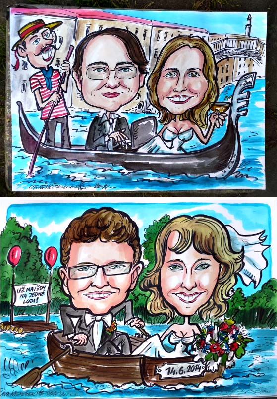 Svatební karikatura – pár v Benátkách na gondole