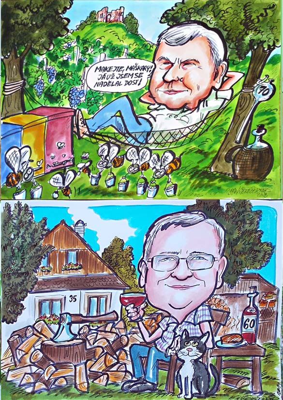 Karikatura včelaře v houpací síti a chalupáře