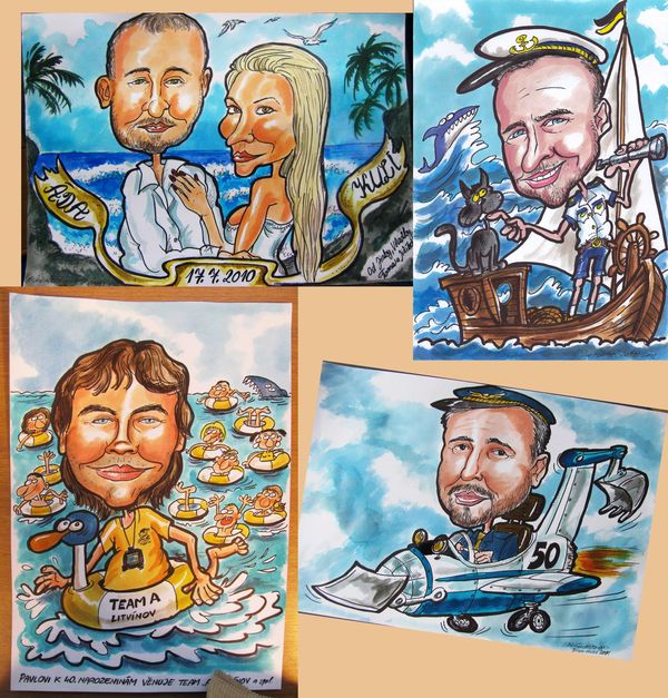 Koláž různých karikatur – námořník, pilot, pár u moře